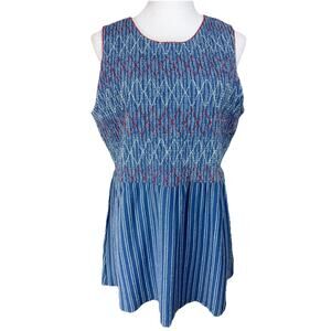 Mathilda Jane Women L Baby Doll Top Denim Smocked Sleeveless Stretch CottageCore